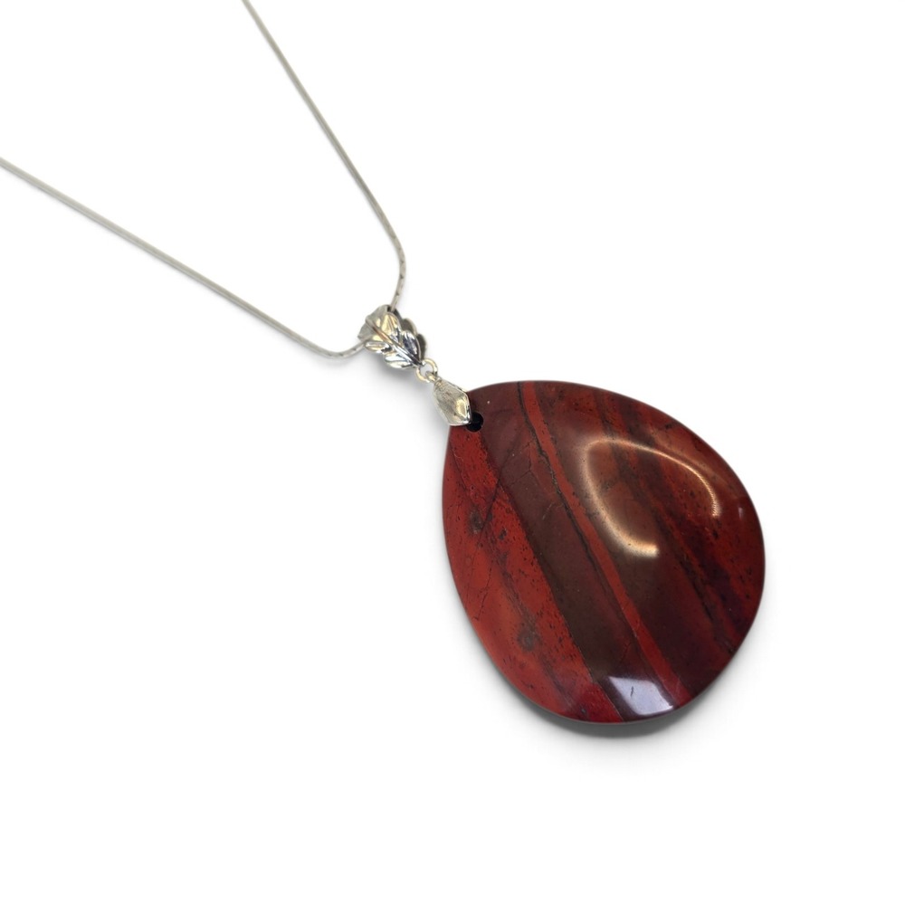 Large Red Banded Teardrop Pendant Necklace Silver Tone 20" Boho Statement - Picture 5 of 12
